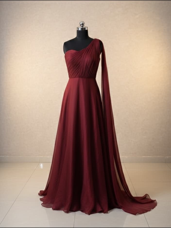 Pleated One-Shoulder Gown with Sash